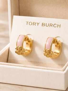Tory Burch Pink Enamel Logo Small Hoop Earrings with Gold Tone